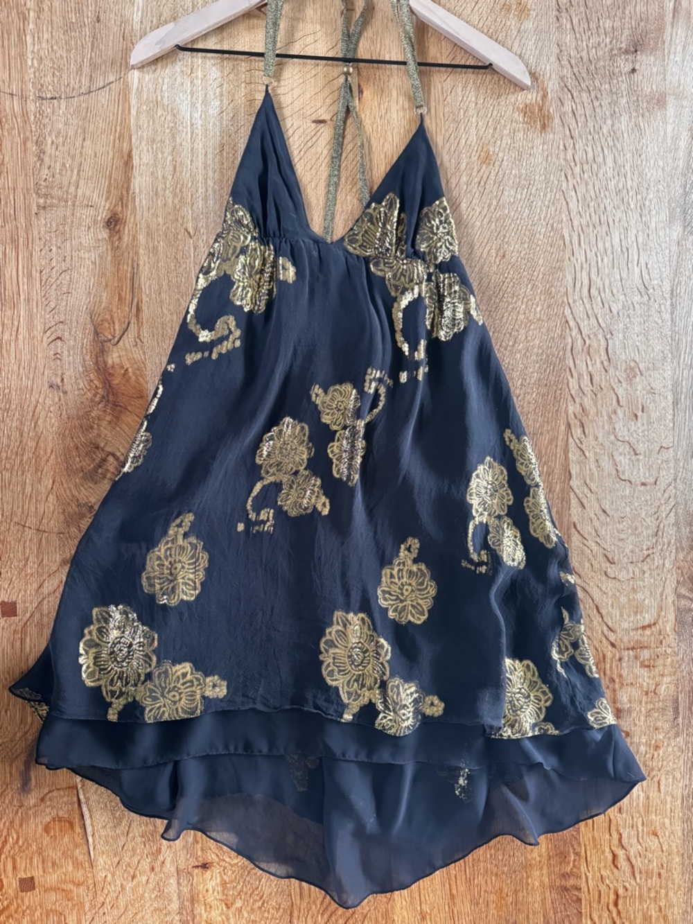 LaRok Black Silk Mini Dress with Gold Floral Embroidery